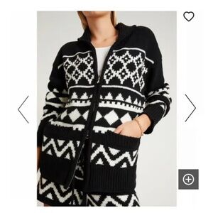 NWOT G. LABEL BY GOOP Irene Fair Isle Zip Cardigan Sweater M Black White